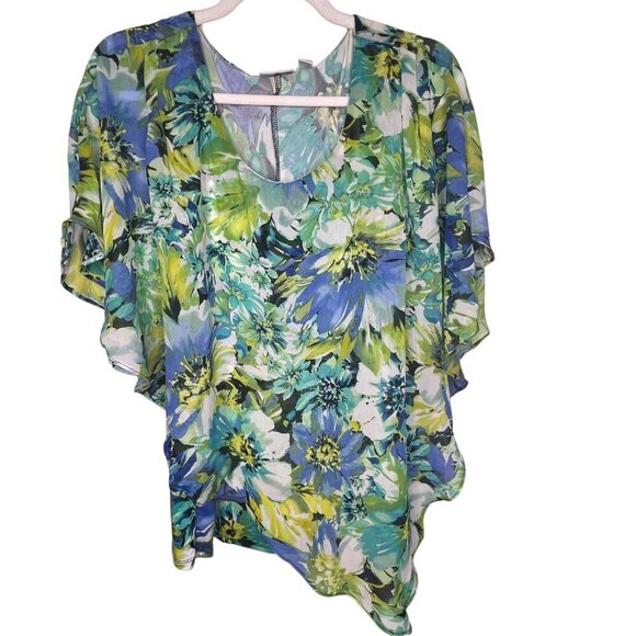 Kim Rogers Poncho Style Top SZ XL Floral Vibrant Colors Sleeveless - Picture 1 of 12
